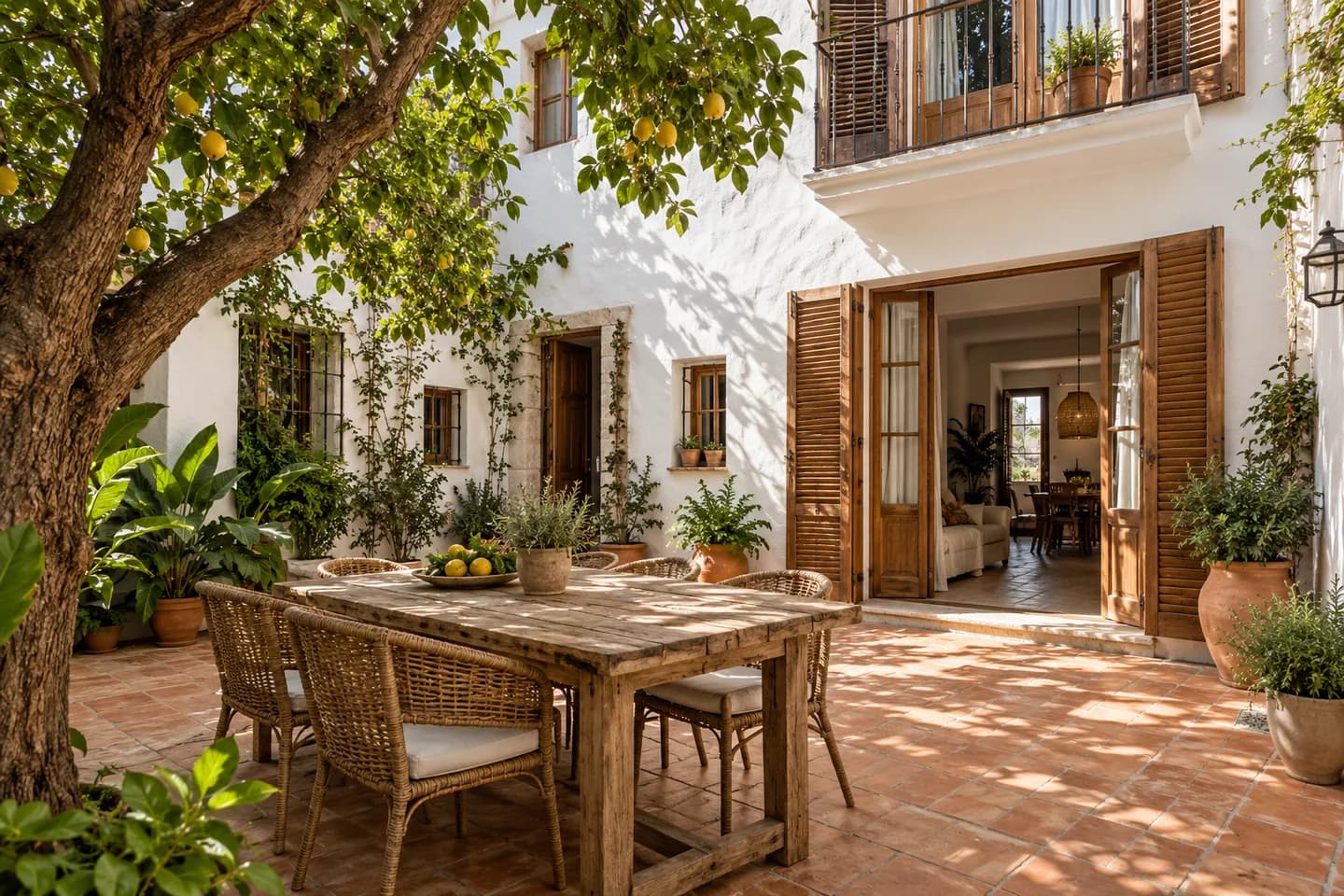 Patio soleado de una casa mediterránea restaurada en Dénia